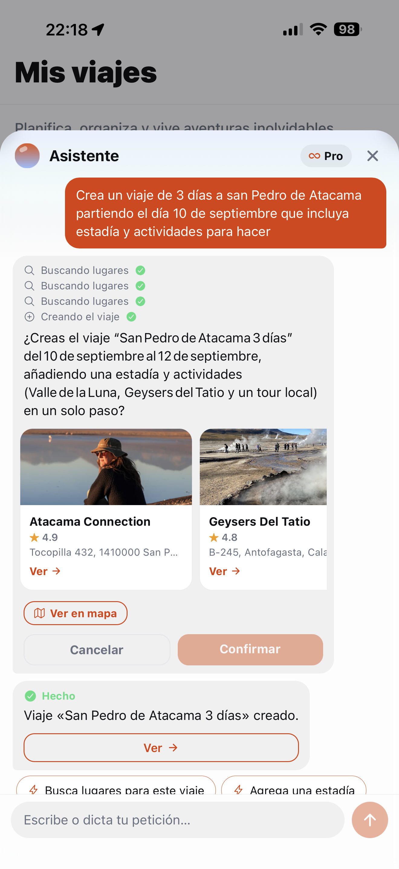 Assistant creating a 3-day San Pedro de Atacama trip with stay and activities in one confirmation