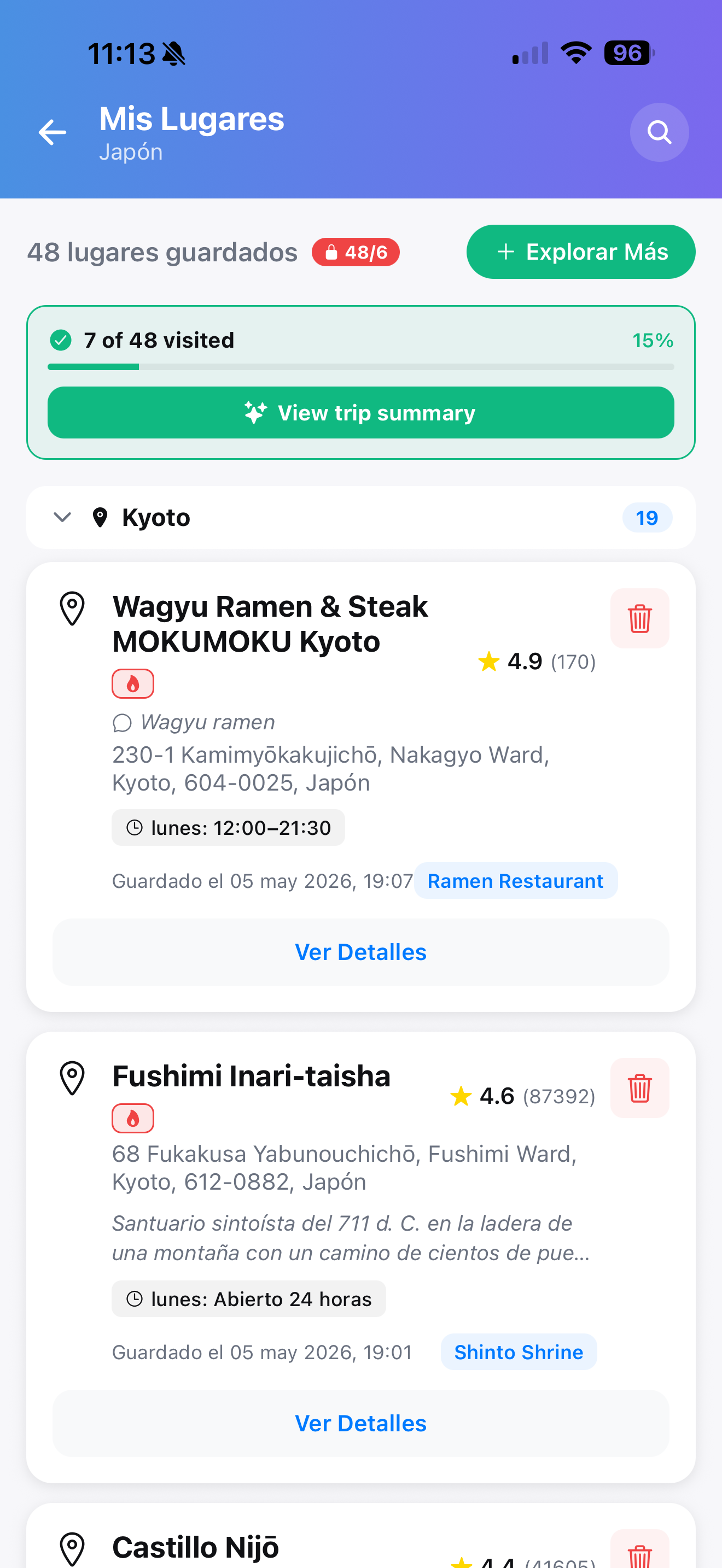 Mis lugares screen with progress and trip summary